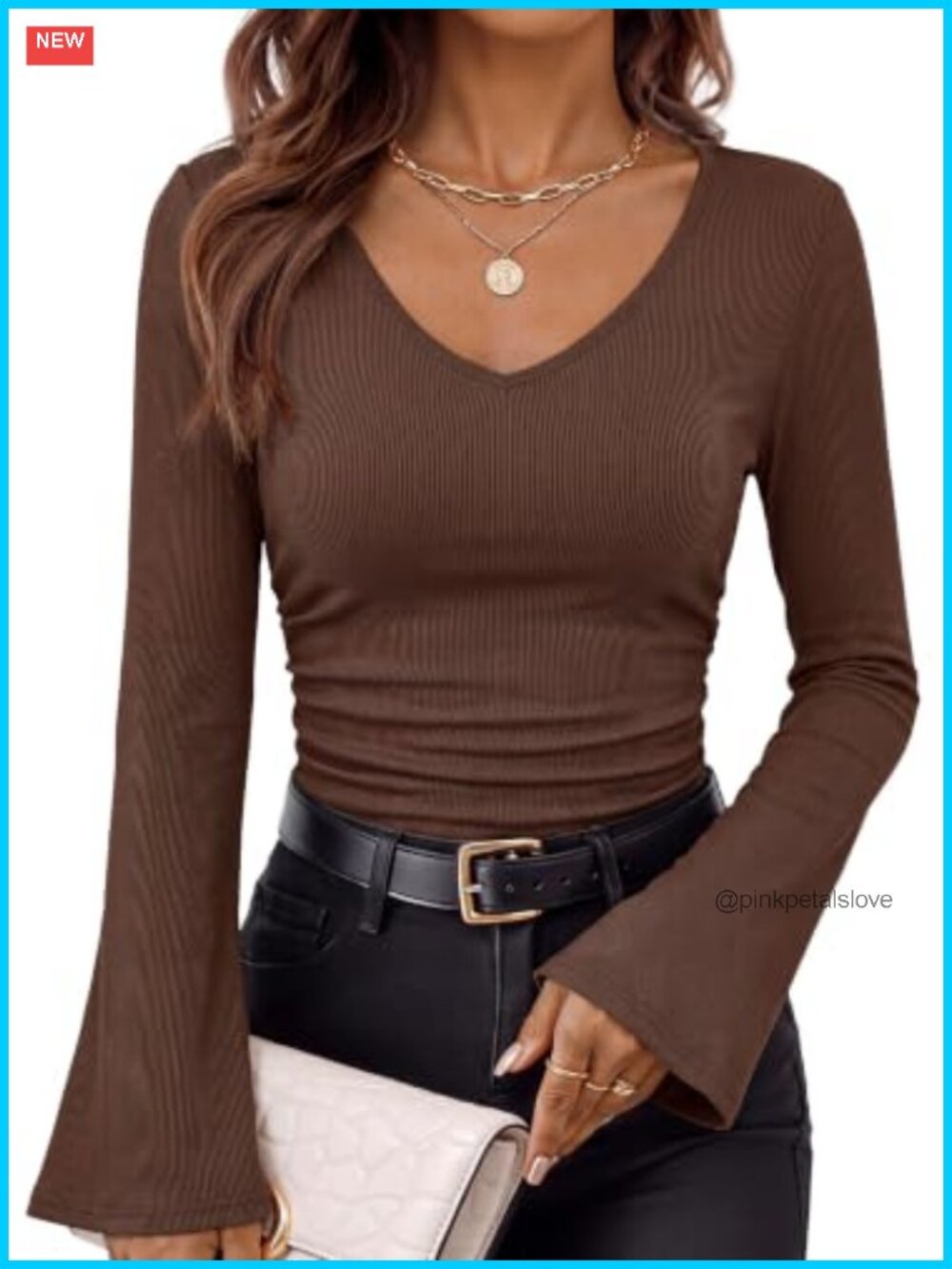 Womens V Neck Bell Sleeve Ribbed Ruched Fitted Long Sleeve Top